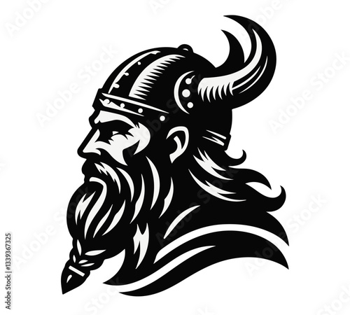 viking warrior profile with horned helmet black and white illustration
