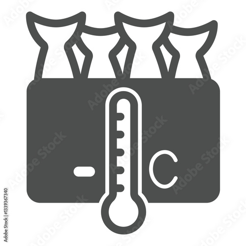Fish freezing storage solid icon, fishery product concept. Vector graphics. Frozen fish in box, thermometer sign on white background, glyph style icon for mobile or web design.