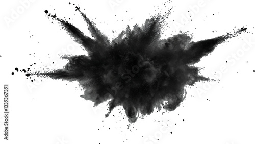 Black powder explosion with dark colors isolated white background. Abstract powder splatted on white background, Black vibrant paint black powder explosion with dark colors isolated white background.