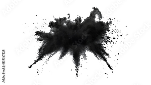 Black powder explosion with dark colors isolated white background. Abstract powder splatted on white background, Black vibrant paint black powder explosion with dark colors isolated white background.