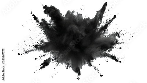 Black powder explosion with dark colors isolated white background. Abstract powder splatted on white background, Black vibrant paint black powder explosion with dark colors isolated white background.