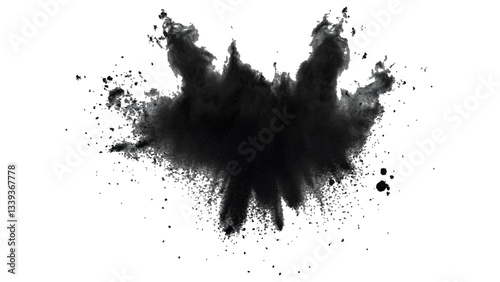 Black powder explosion with dark colors isolated white background. Abstract powder splatted on white background, Black vibrant paint black powder explosion with dark colors isolated white background.