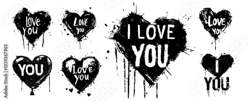 grunge heart set with love messages black and white ink splatter illustration