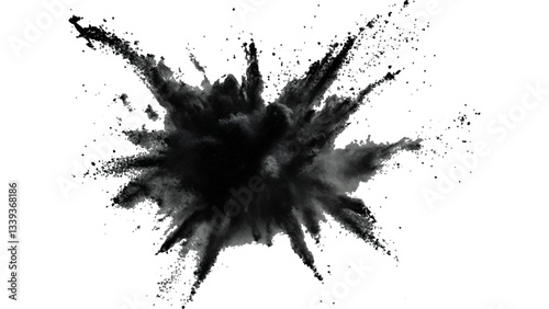 Black powder explosion with dark colors isolated white background. Abstract powder splatted on white background, Black vibrant paint black powder explosion with dark colors isolated white background.