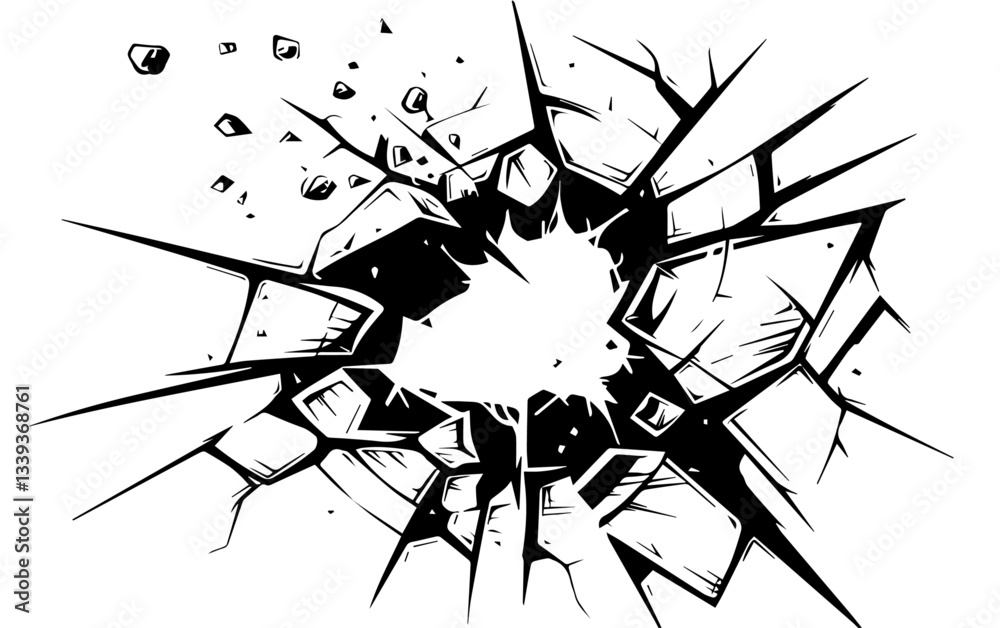 glass explosion effect with sharp debris and cracked center