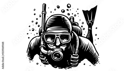 scuba diver underwater black and white vintage engraving illustration