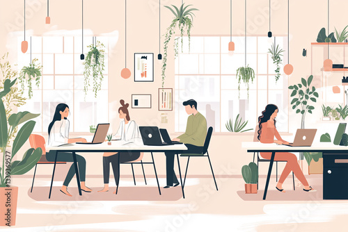 Digital painting of a modern co-working space with freelancers working on laptops, surrounded by soft lighting, sleek furniture, and indoor plants