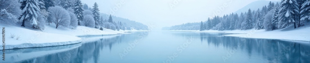 A frozen lake with snow covering the entire surface, snow covered ice, snowy stillness A frozen lake with snow covering the entire surface, snow covered ice, snowy stillness