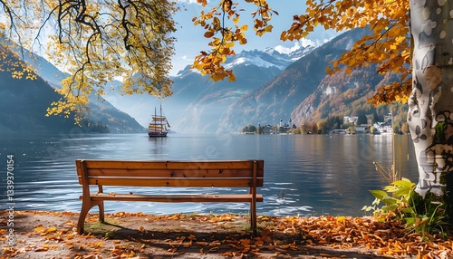 Wooden bench on the shore of lake Lucerne, Switzerland photo