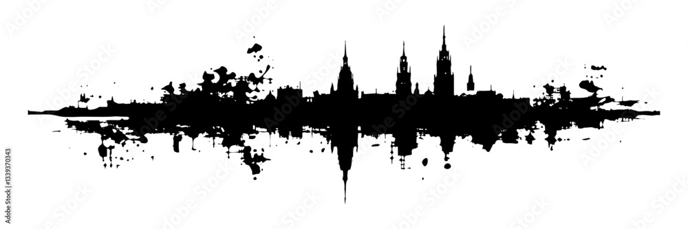 urban skyline silhouette with reflection black and white ink illustration urban skyline silhouette with reflection black and white ink illustration