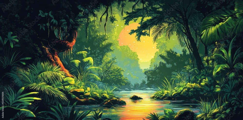 Fototapeta premium A vibrant illustration depicts a tropical river landscape at sunset