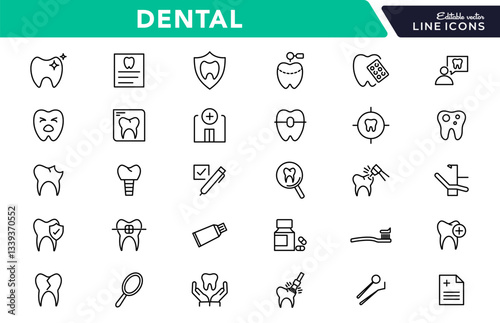 Dental, dentist line icon set. Dentistry, dental treatment, tooth, prosthetics, teeth whitening, implant, braces, and medical health care outline icon collection. UI thin outline icon pack