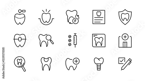 Dental, dentist line icon set. Dentistry, dental treatment, tooth, prosthetics, teeth whitening, implant, braces, and medical health care outline icon collection. UI thin outline icon pack