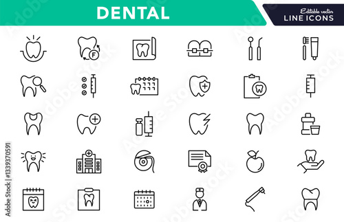 Dental, dentist line icon set. Dentistry, dental treatment, tooth, prosthetics, teeth whitening, implant, braces, and medical health care outline icon collection. UI thin outline icon pack