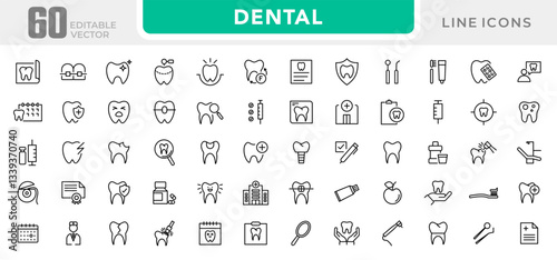 Dental, dentist line icon set. Dentistry, dental treatment, tooth, prosthetics, teeth whitening, implant, braces, and medical health care outline icon collection. UI thin outline icon pack