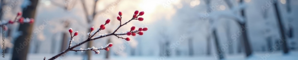 A sprig of bare deciduous branches against a crisp white, white, winter, forest A sprig of bare deciduous branches against a crisp white, white, winter, forest