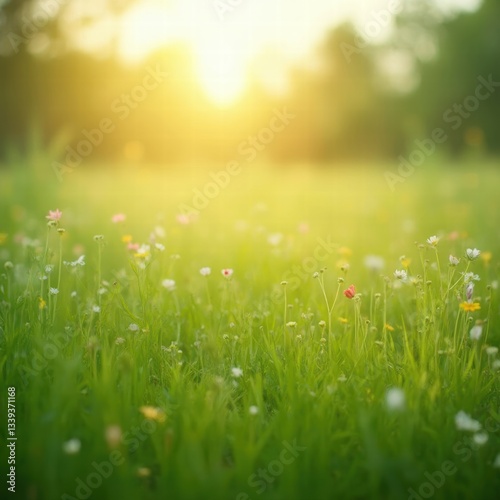 A softly blurred background of a lush green meadow with wildflowers in the distance. The sunlight creates a warm golden glow, making the scene feel vibrant and fresh