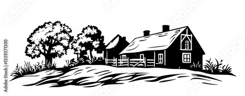 farmhouse silhouette with trees and wooden fence
