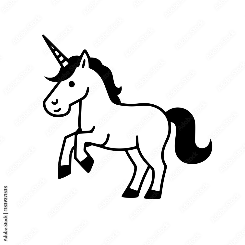 Fototapeta premium Stylized drawing of a cheerful unicorn prancing Its features are simple and bold rendering a playful and inviting image on a clean backdrop