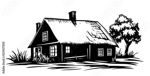 traditional countryside house with chimney and tree in rustic black and white illustration
