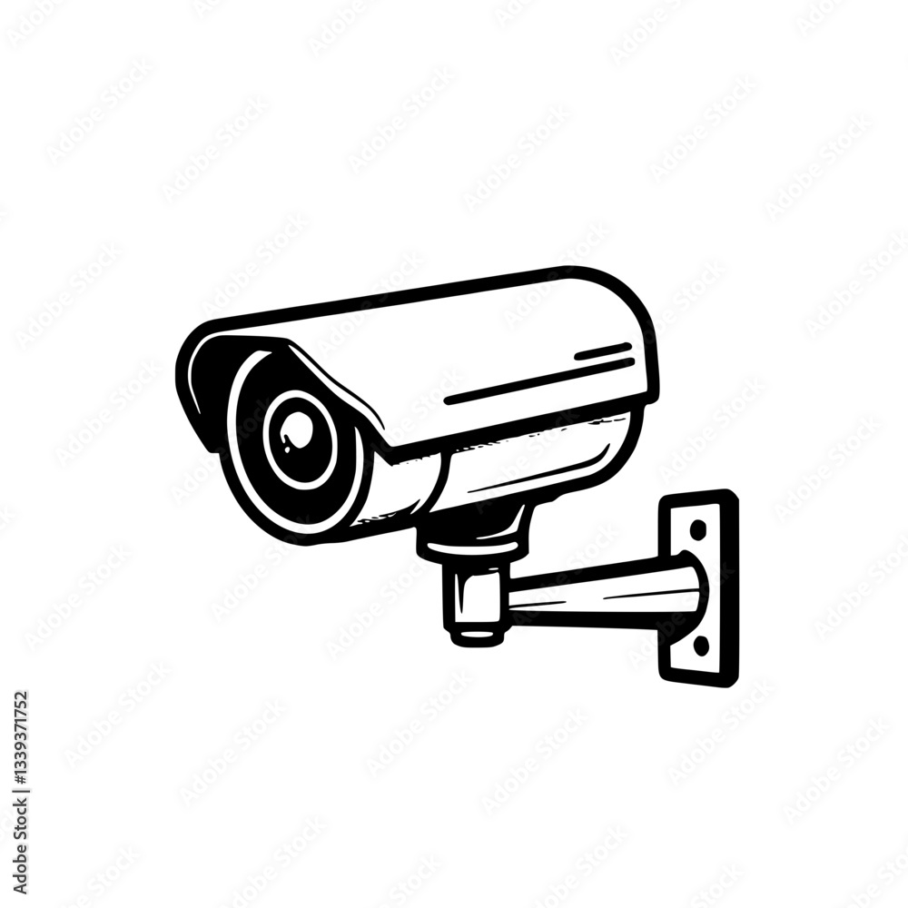 and graphic icon of a security camera Illustrative line-art rendering of a closed circuit television on a mounting bracket and graphic icon of a security camera Illustrative line-art rendering of a closed circuit television on a mounting bracket