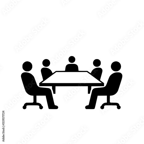 Icon of a meeting around a table with five people business team concept. Vector illustration and Pictogram of collaboration and discussion