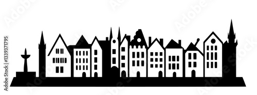 medieval european town skyline with narrow houses and towers in clean silhouette design