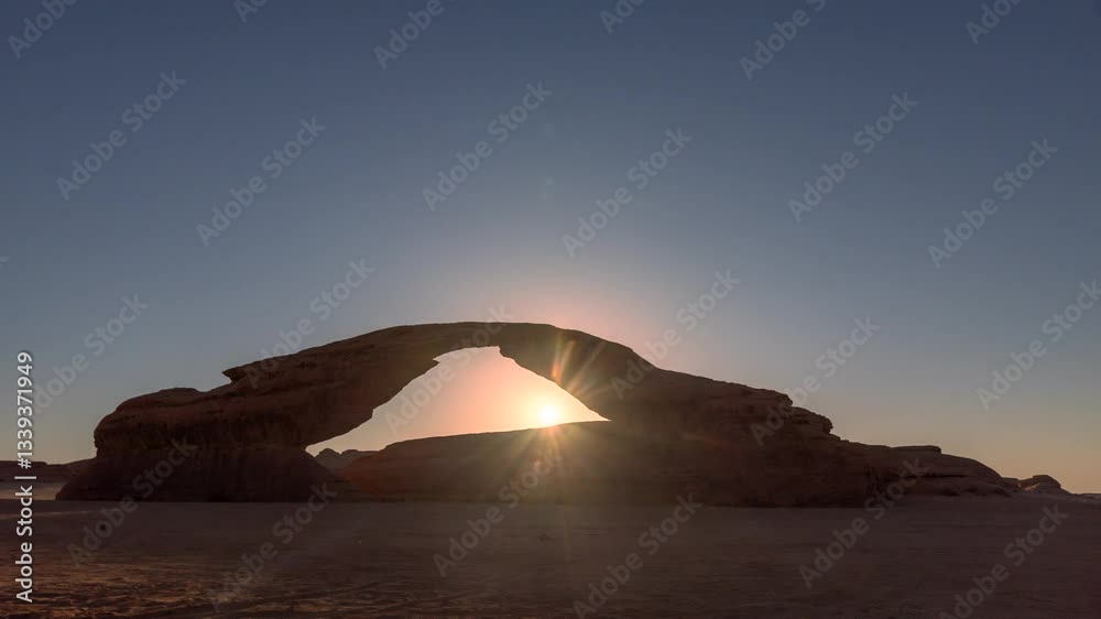 Time lapse of Sunset motion in rainbow arch beautiful rock desert in Al ula, Madinah, Saudi Arabia