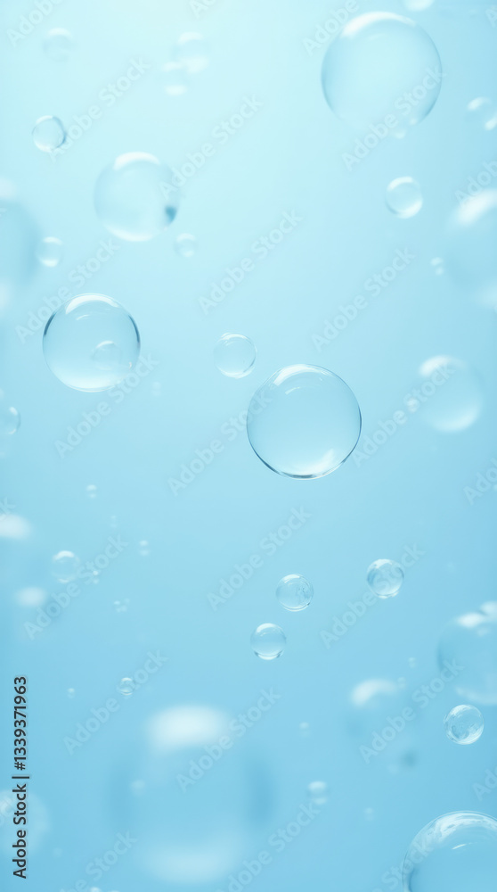 Crystal-Clear Water Droplets Suspended in Mid-Air Against a Soft Blue Background Crystal-Clear Water Droplets Suspended in Mid-Air Against a Soft Blue Background