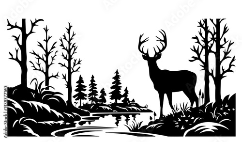 majestic deer standing in forest near river in scenic wilderness landscape