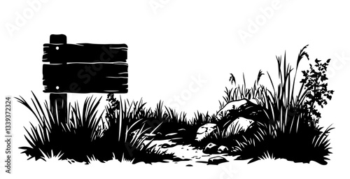 wooden signpost silhouette with path and grass