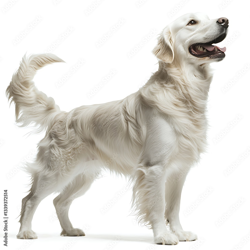 Golden Retriever, standing, looking up against white background, possibly for pet product advertisement Golden Retriever, standing, looking up against white background, possibly for pet product advertisement