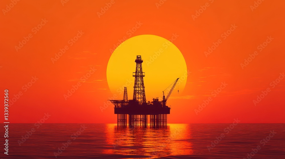 Offshore Oil Rig Silhouette at Sunset: A Dramatic View of Energy Extraction Offshore Oil Rig Silhouette at Sunset: A Dramatic View of Energy Extraction