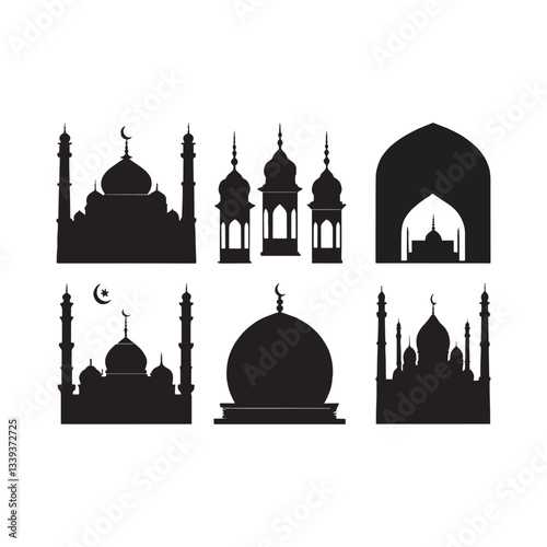Geometric Mosque Silhouettes: A set of geometric, intricately detailed mosque silhouettes in a minimalist style, perfect for design projects.Vector illustration of the Taj Mahal silhouette with minare