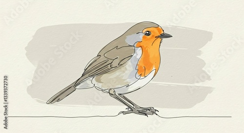 Line drawing small bird songbird sparrow robin watercolor