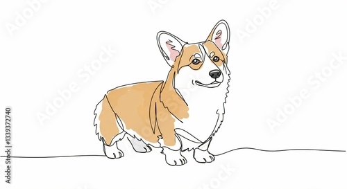 Corgi dog illustration, simple line drawing, watercolor accents