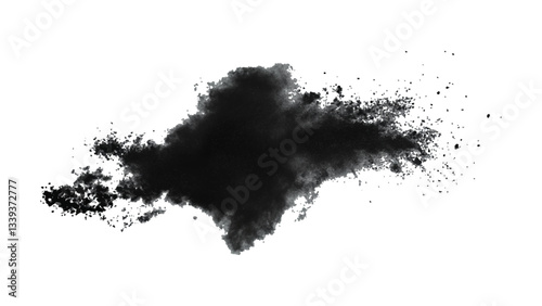 Explosive black powder burst against a white background. Closeup of black dust particles explode isolated on white background.	