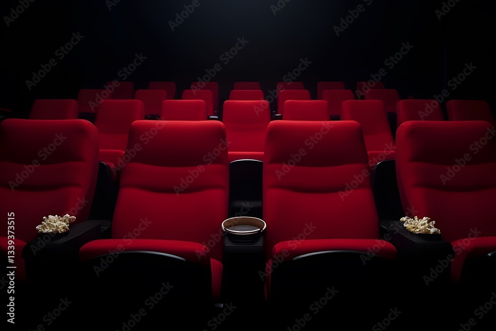 Obraz premium Anticipation Hangs Heavy In The Air, A Hushed Cinema Awaits The Magic Of The Silver Screen, Plush Red Seats Bathed In Dim Light, Popcorn Ready