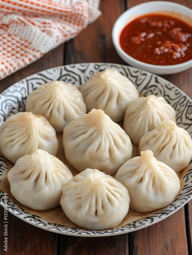Steamed dumplings arranged on a patterned plate paired with a vibrant red dipping sauce set against a warm wooden backdrop. Steamed dumplings arranged on a patterned plate paired with a vibrant red dipping sauce set against a warm wooden backdrop.