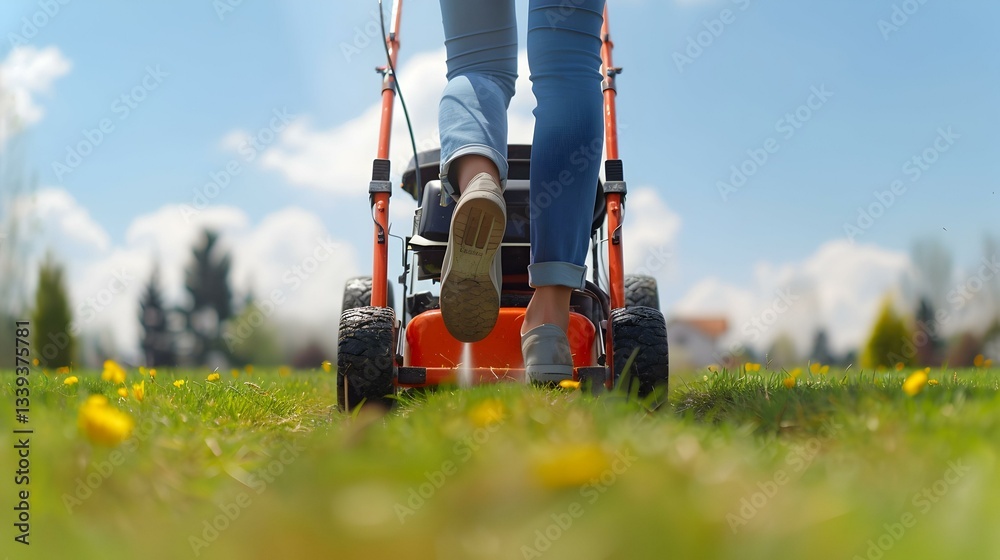 Obraz premium Woman mowing the lawn on a sunny day. Low angle shot.