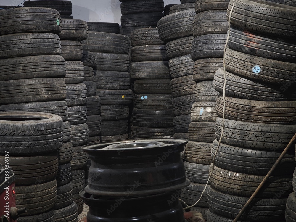 Stacks of Used Tires with Rim Stacks of Used Tires with Rim