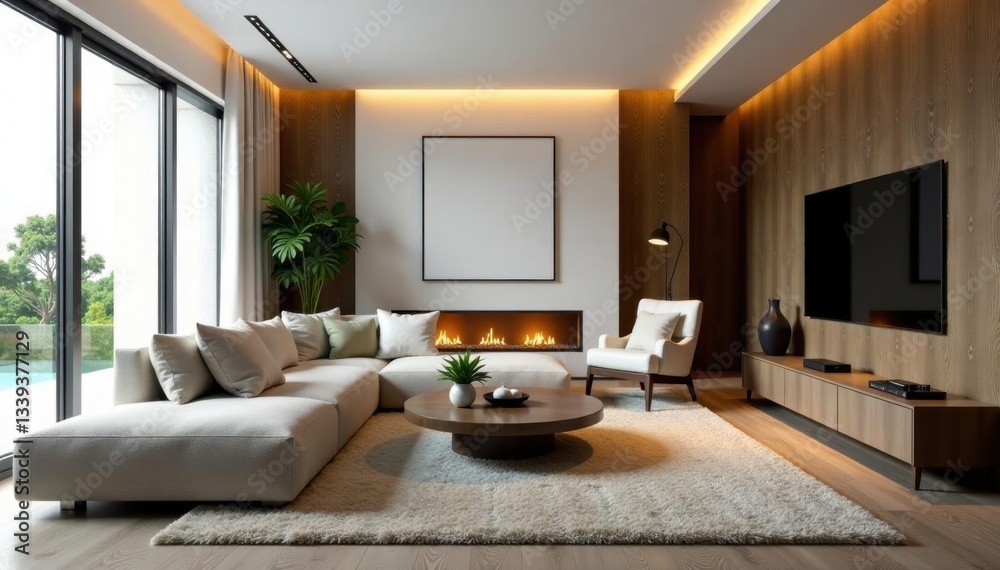 Fototapeta premium Elegant modern living room, plush furnishings, interior, chic