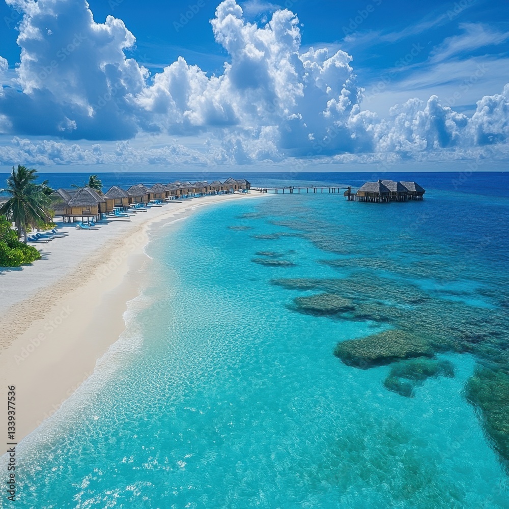 Fototapeta premium Tropical paradise aerial view of luxury bungalows on azure ocean with white sand beach and blue sky