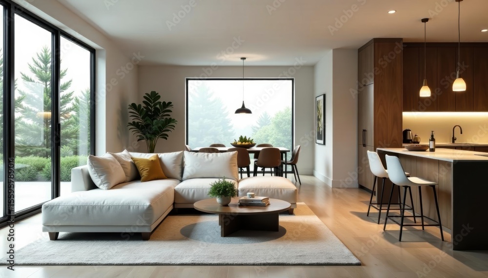 Fototapeta premium Expansive living room flows into stylish modern kitchen , modern, design