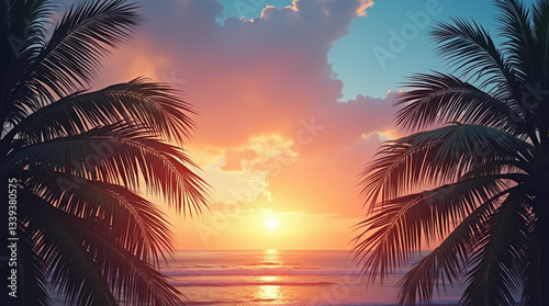 Golden Sunset Sky with Palm Leaves Silhouetted Against the Glow