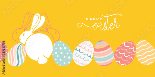 Yellow Easter banner design with hand drawn vector cute cartoon rabbit and minimalist decorated eggs. Happy Easter design for banners, social media, invitations, web and print.