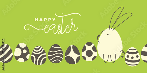 Green Easter banner design with hand drawn vector cute cartoon rabbit and minimalist decorated eggs. Happy Easter design for banners, social media, invitations, web and print.