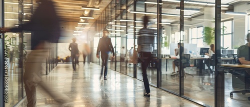 Spacious office hallway with glass partitions, blurred figures walking, and employees working at desks. Bright lighting and reflections create a dynamic, modern workspace