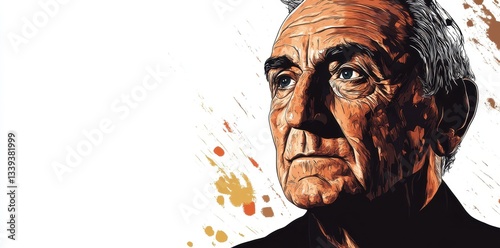 A detailed stylized portrait depicts an older man looking upwards
