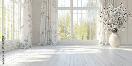 Casement Windows with Arched Tops: White Curtains and Cotton Branches, Light Wood Floor and Sunlight, a Bright and Airy Interior.